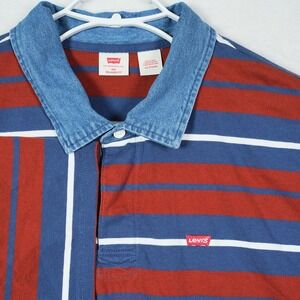 Levis Rugby Mens XXL Relaxed Fit Striped Polo Shirt Red Blue Denim Collar Cotton